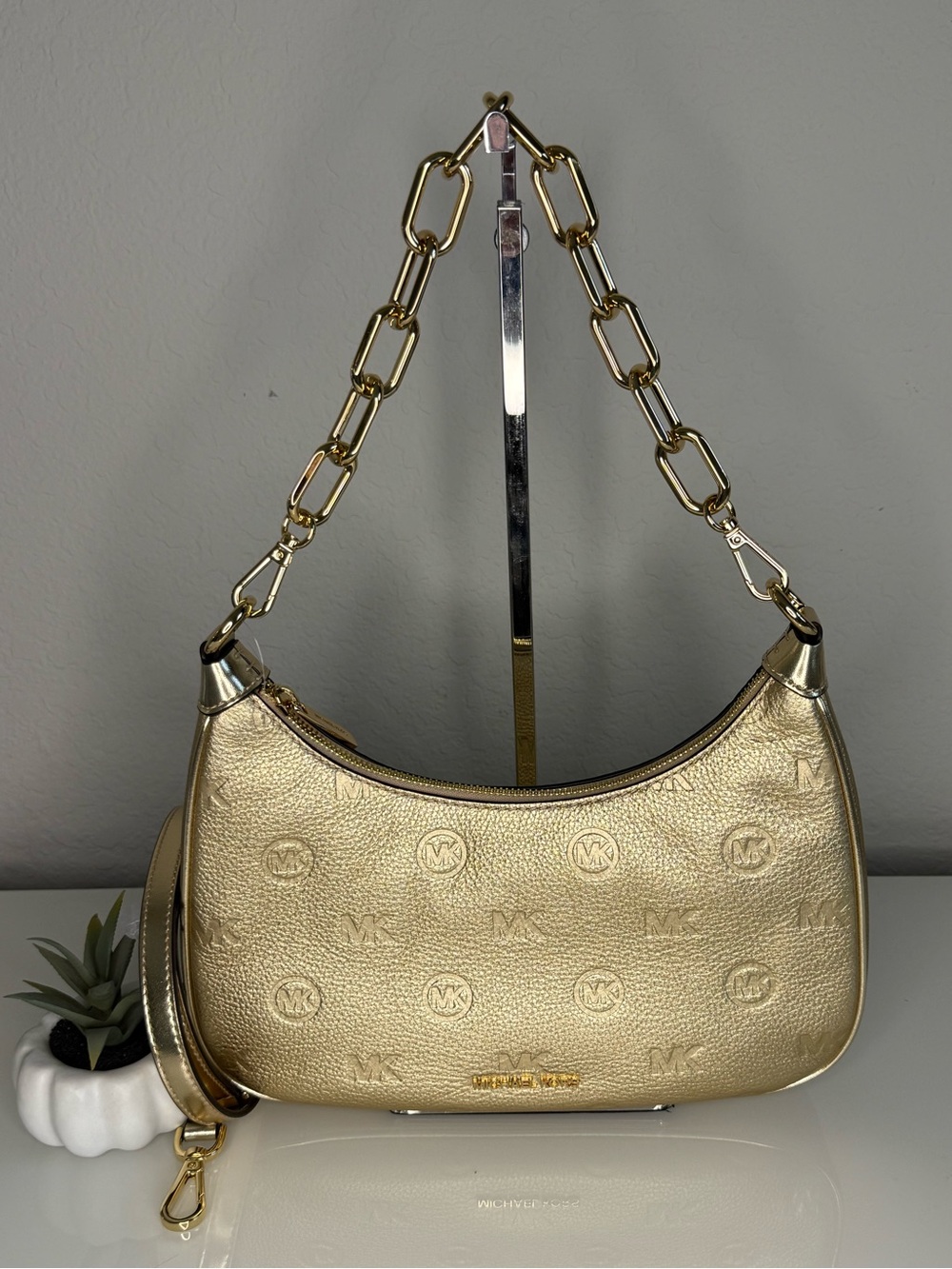 Michael Kors Cora Large Leather Crossbody Shoulder Bag Purse Handbag Pale Gold